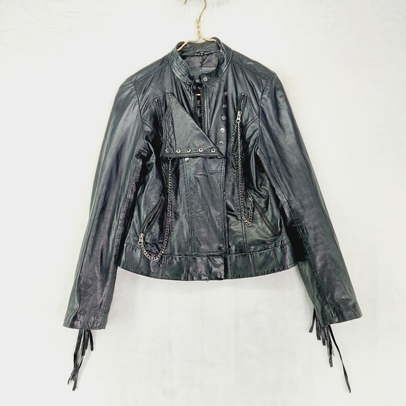 Stella & Jamie Jackets & Blazers - Stella & Jamie Genuine Leather Black Studded Side Zip Fringe Moto Jacket P3275